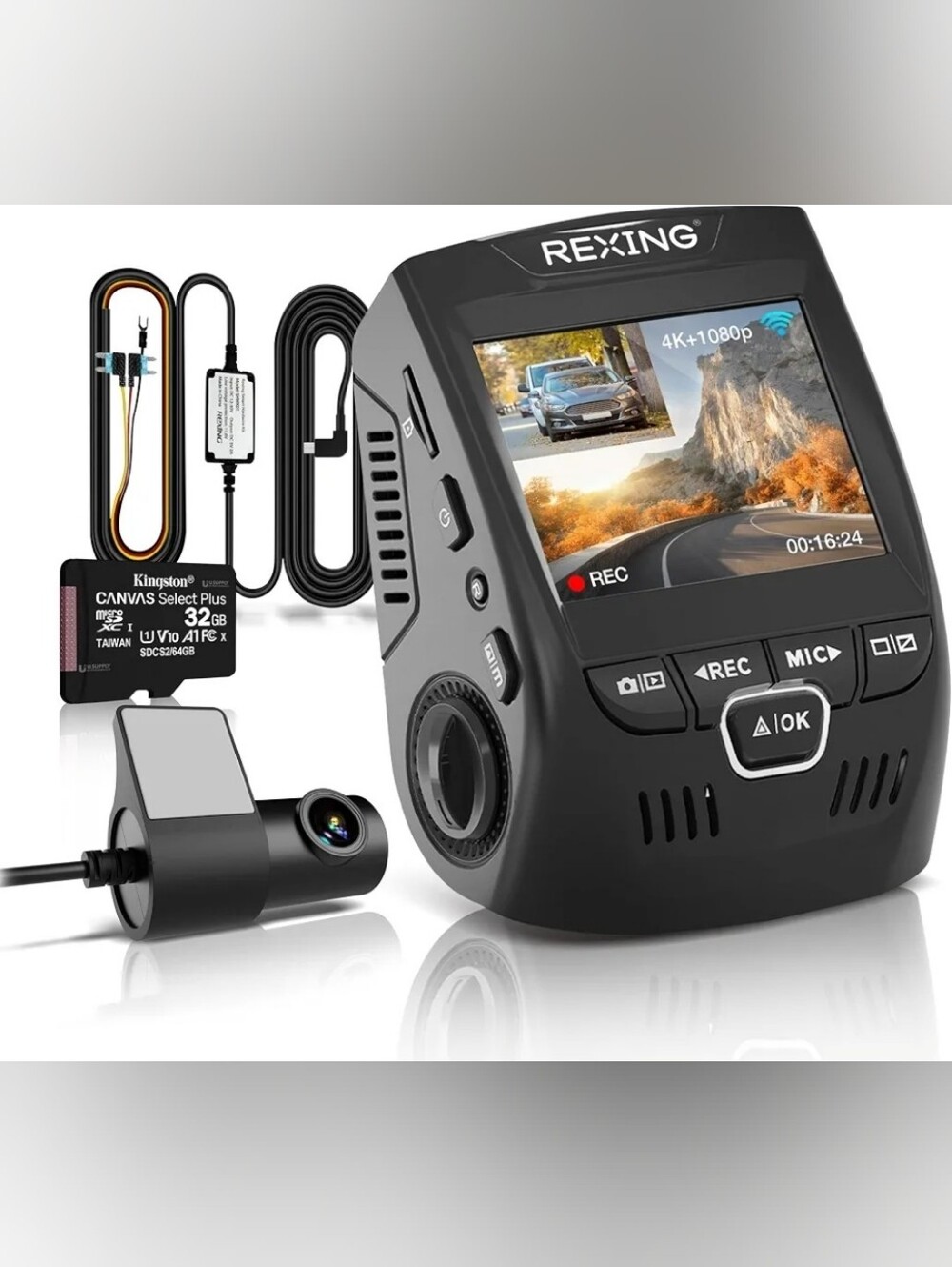 RexingUSA V1P 4K Dual Dash Cam, Wi-Fi, 2.4” LCD, 170° Wide Angle with App
